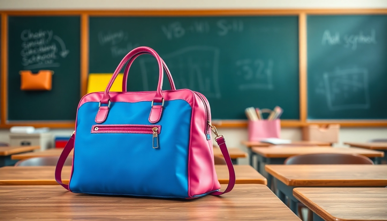Handtasche für Schulen auf einem Holzschreibtisch in einem hellen Klassenzimmer.