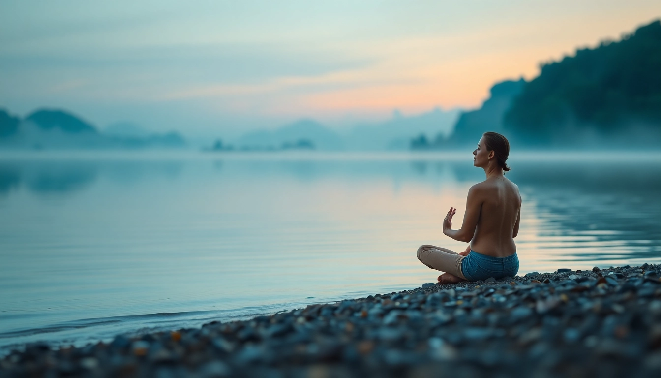 Embracing emotional wellbeing through meditative calmness at a peaceful lakeshore.