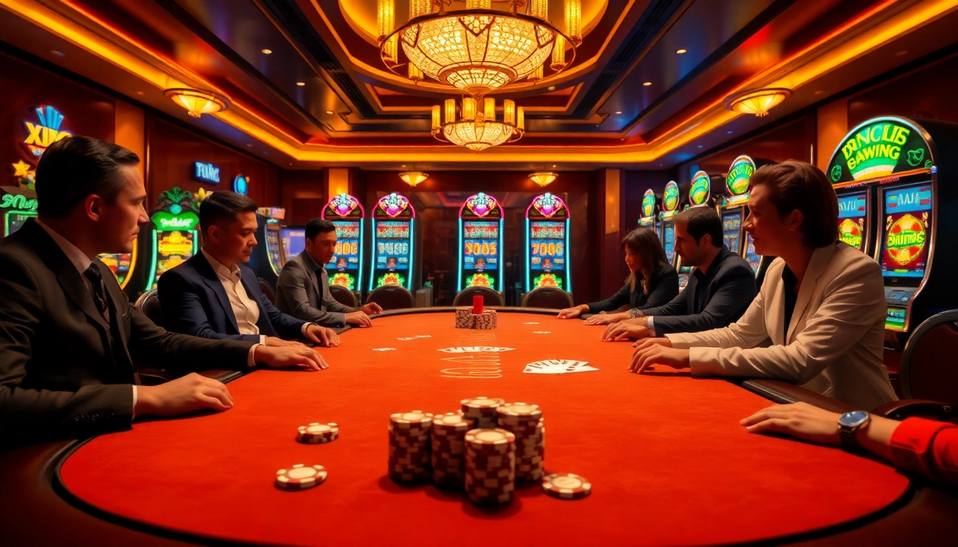 Players enjoying poker at a luxurious XX88 COM casino table under golden lights.