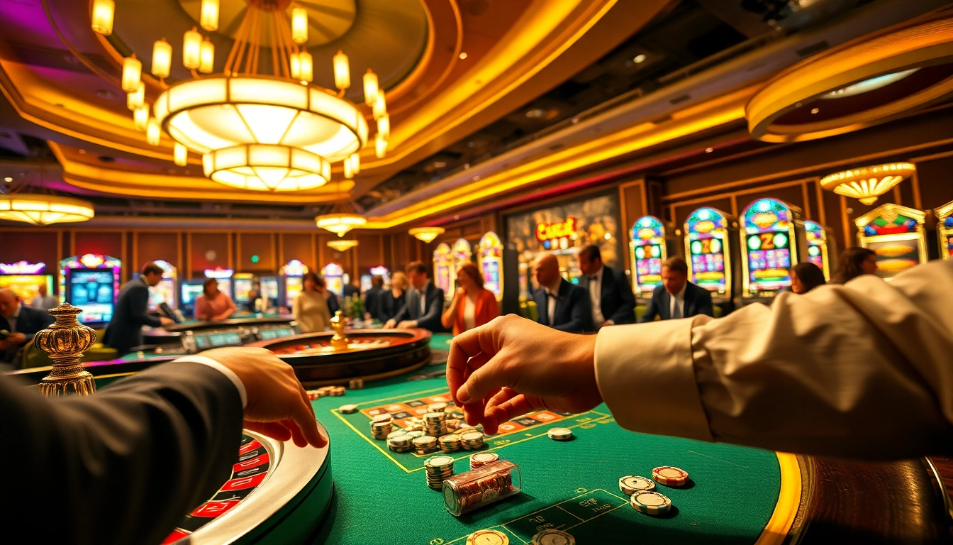 MMOO live casino excitement with players engaging at gaming tables and vibrant slot machines.