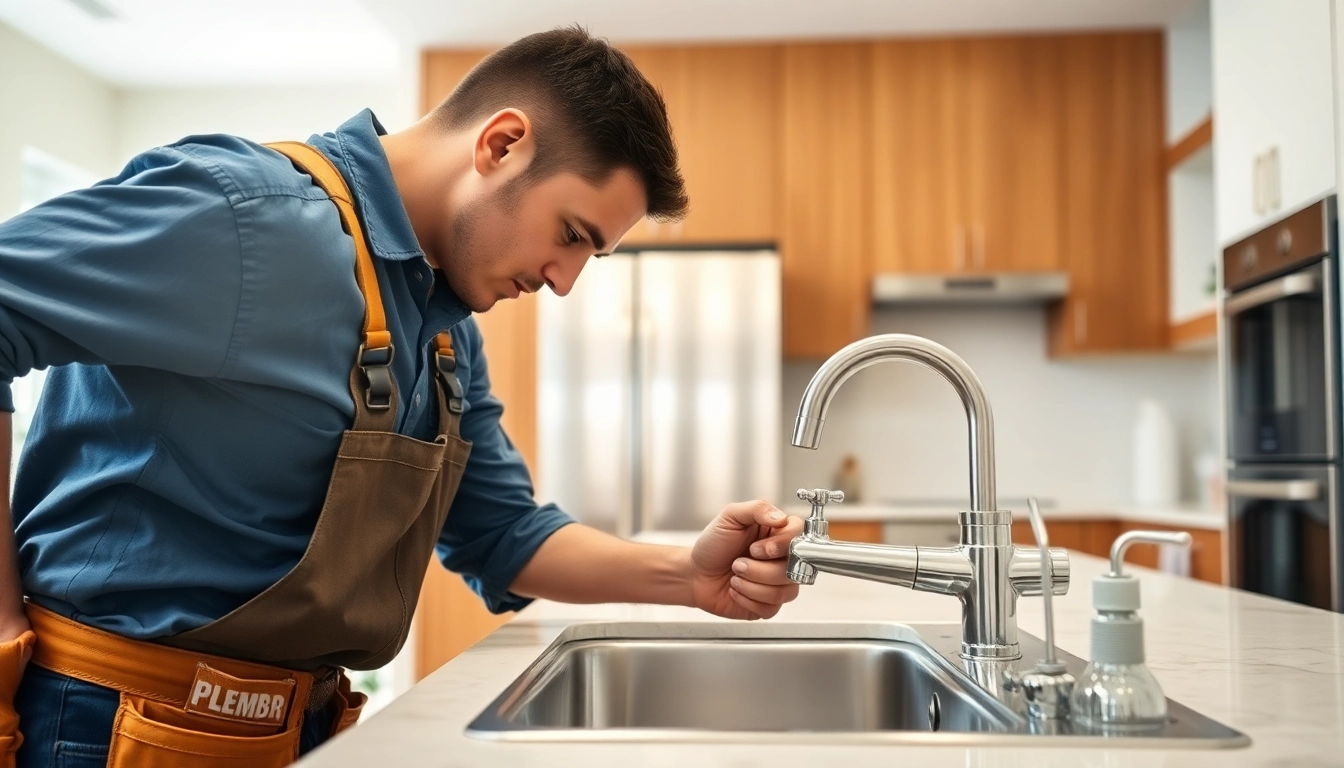Plumber repairing a kitchen sink with a focused expression and tools.