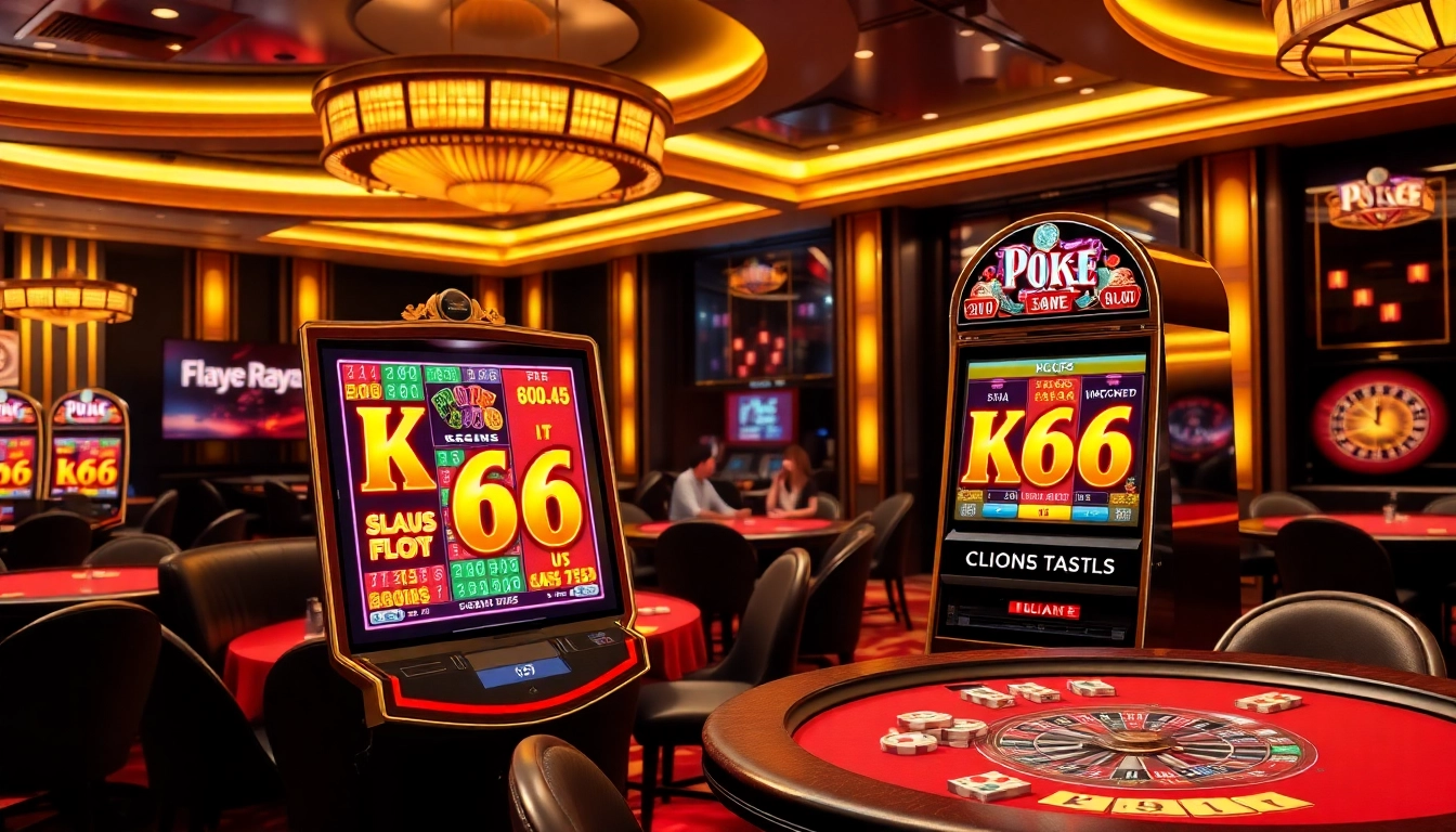 Trải nghiệm sự hồi hộp của KO66 khi người chơi tham gia xung quanh một bối cảnh casino sang trọng với đầy đủ máy slot sống động.