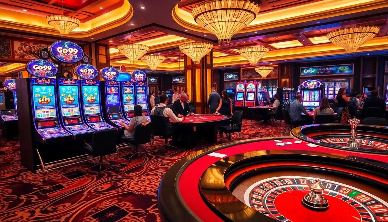 Players enjoying high-stakes action at Go99-themed gaming tables in a vibrant casino.