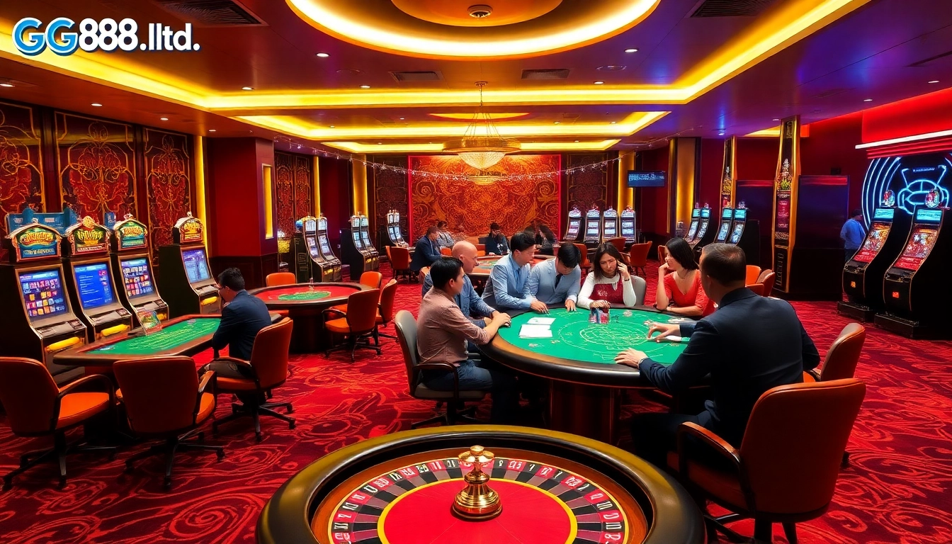 Exciting online gambling at gg88.ltd featuring poker tables and slot machines in a vibrant casino scene.
