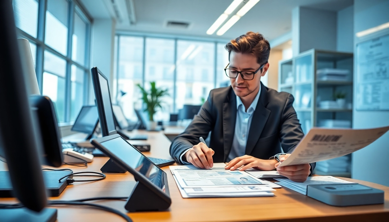 Modernes Büro, das sich auf Führerscheinkontrolle und Dokumentenauthentifizierung konzentriert, Technologien und Professionalität präsentiert.