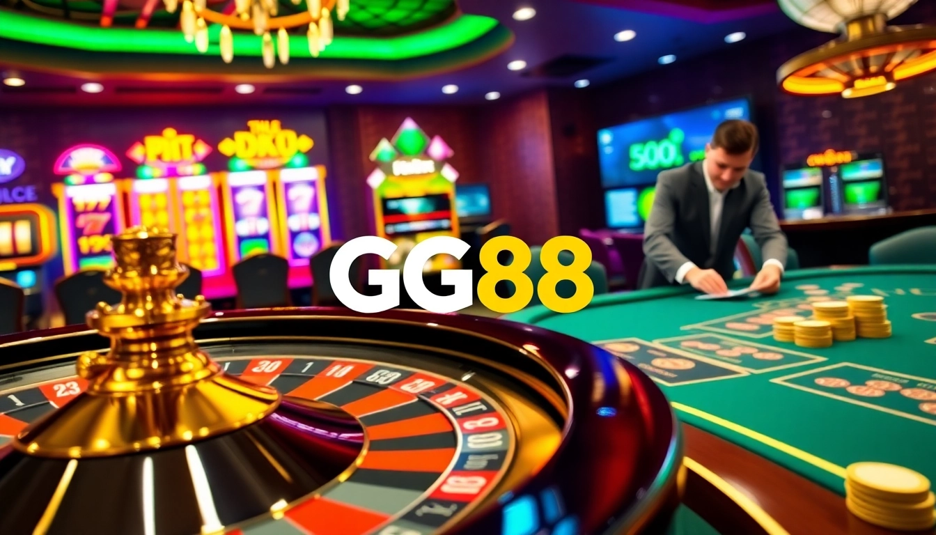 Experience the thrill of GG88 with vibrant casino scenes featuring roulette, slots, and poker tables.