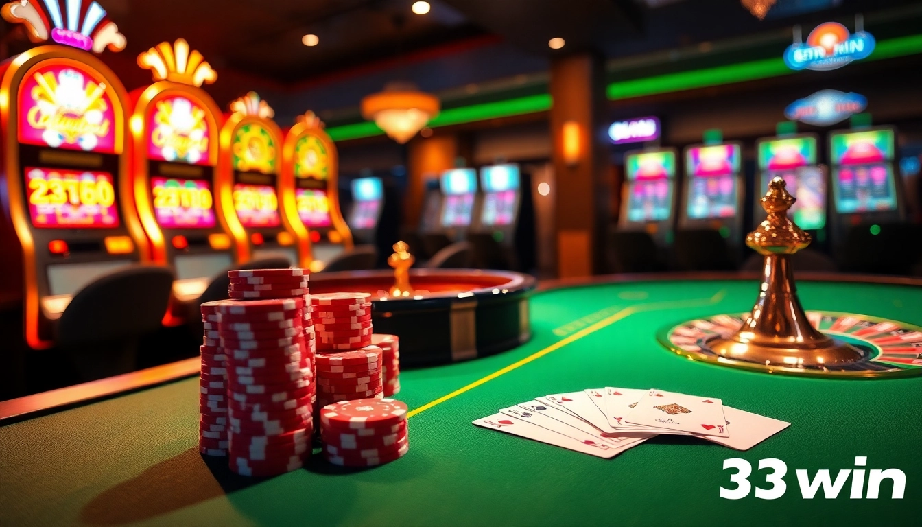 Players enjoy a thrilling game at a luxurious 33win casino table, featuring colorful chips and cards.