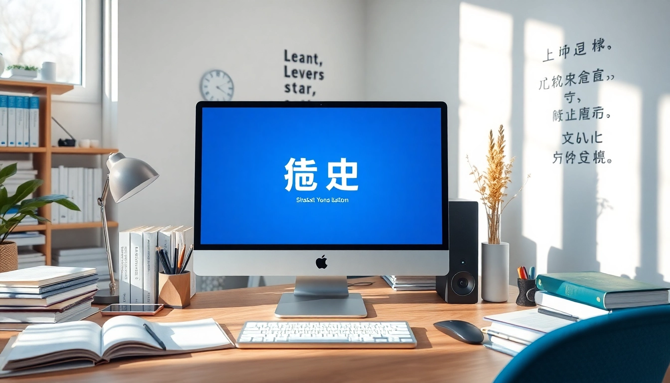 有道 translation interface displayed on a modern desktop in a professional study environment, emphasizing advanced technology and a productive atmosphere.