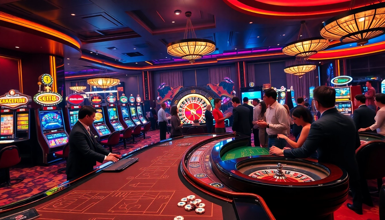 Excited players engaging in betting at a go8 casino table featuring vibrant games and luxurious roulette.