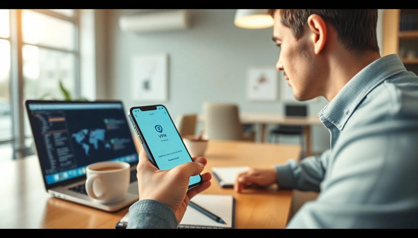 在现代工作空间中，用户通过智能手机访问快连官网应用以实现安全的互联网连接的图片。