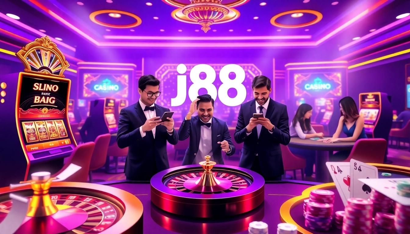 Players enjoying gaming features of the j88 app amidst a vibrant casino atmosphere filled with excitement.