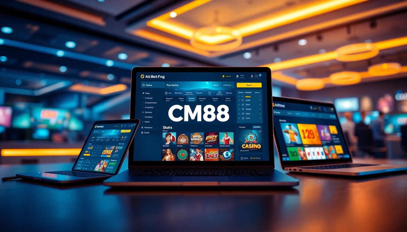 CM88 online betting platform showcased on multiple devices with engaging gaming visuals.