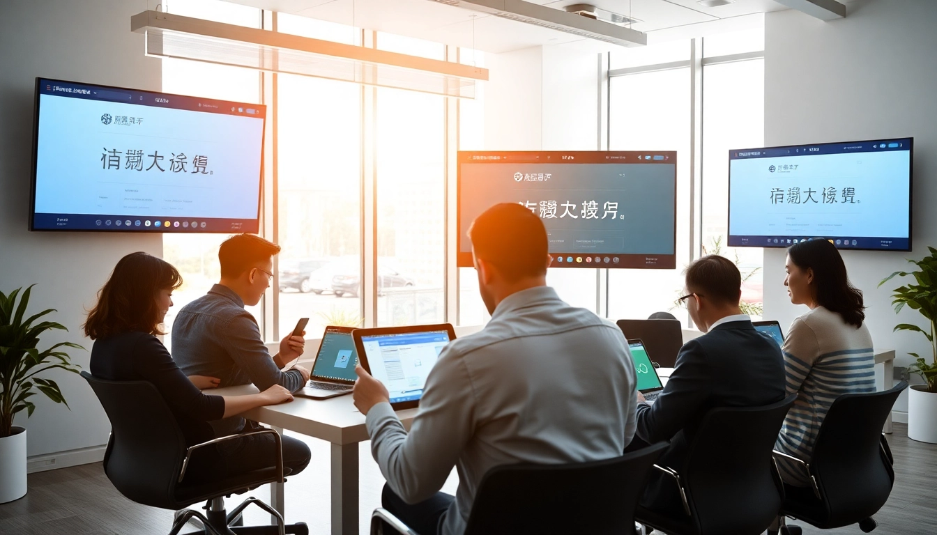 快连官网界面在现代化工作空间中展示，来自不同领域的专业人士使用多种设备。