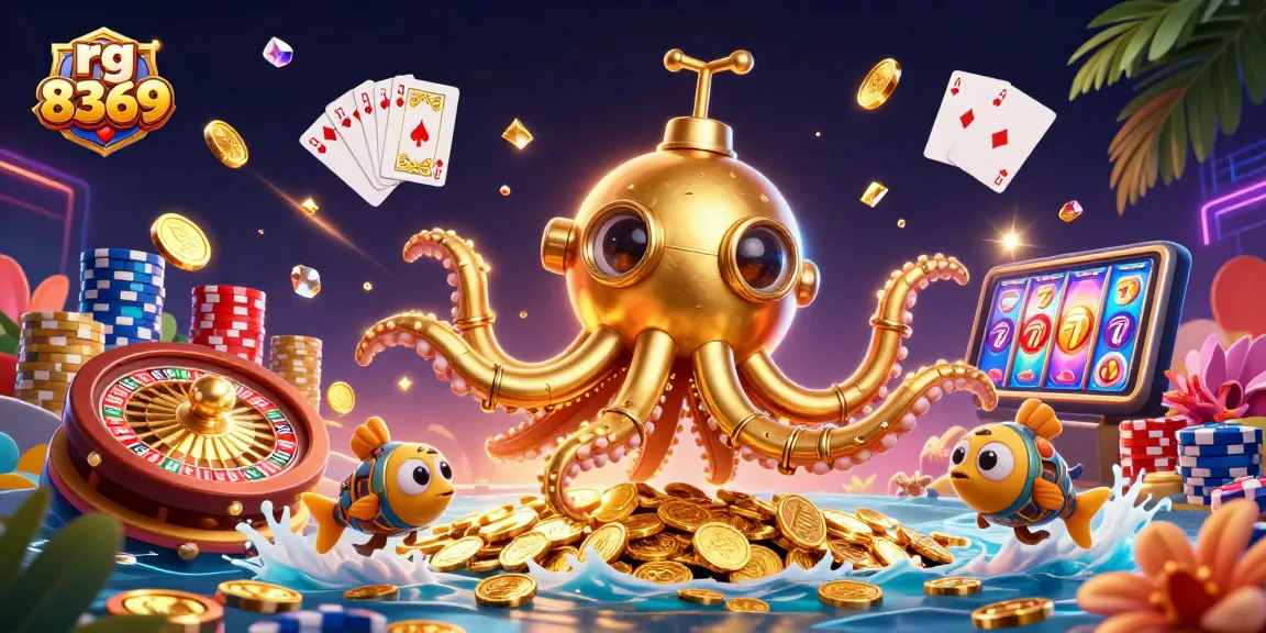 Feel the excitement at rg 8369 as a golden kraken hybrid surfaces amidst coins and casino games.