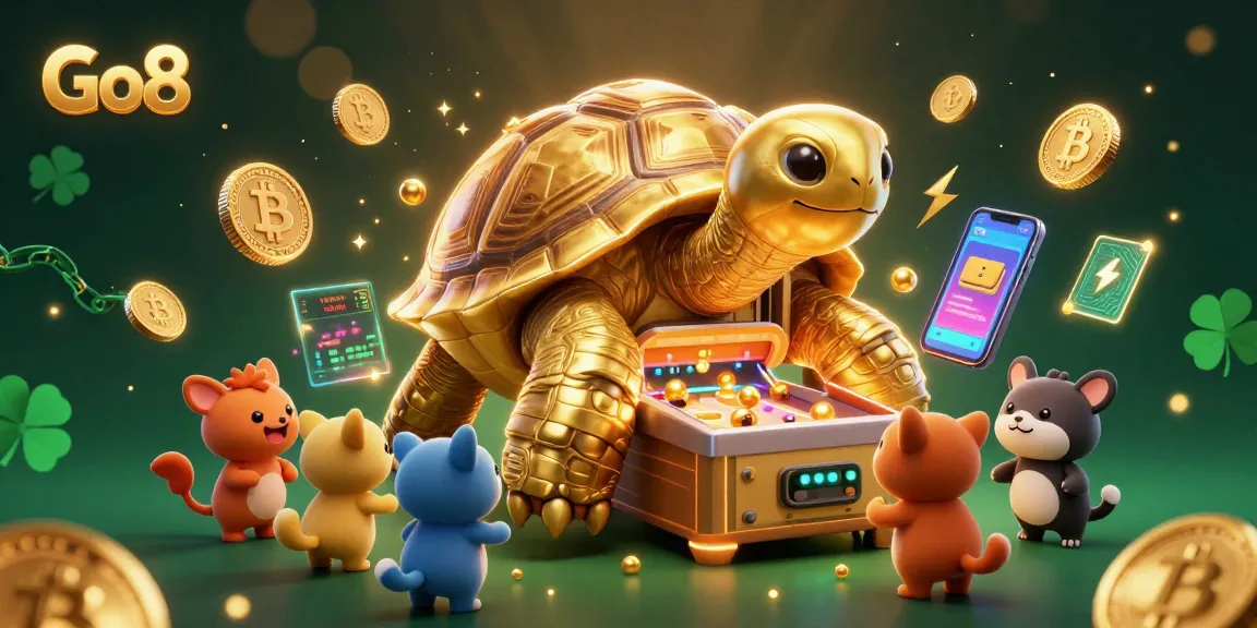 Engage with Go8's exciting casino world featuring a playful golden tortoise and vibrant crypto elements.